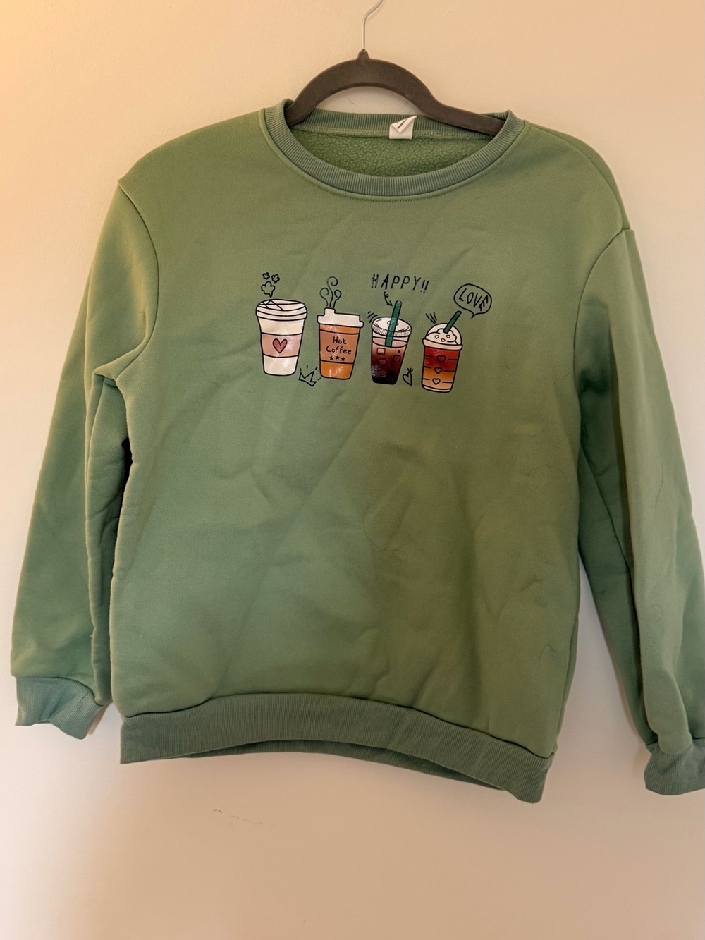 SHEIN Green Graphic Crewneck Sweatshirt - Happy Coffee Design